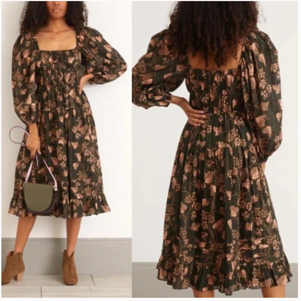 Ulla Johnson Isla Midi Dress Balsam Olive Green Floral Puff Sleeve 6
